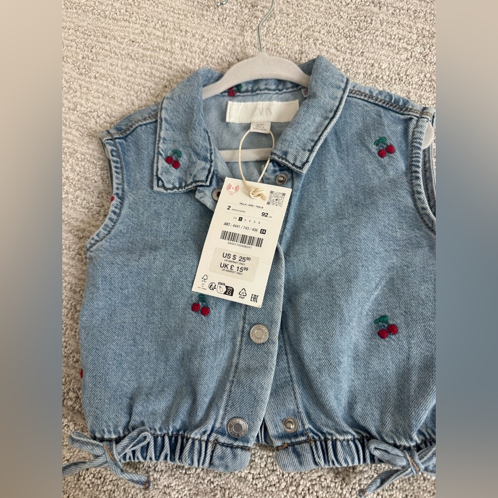 Zara Light Blue Denim Vest with Cherry Embroidery
